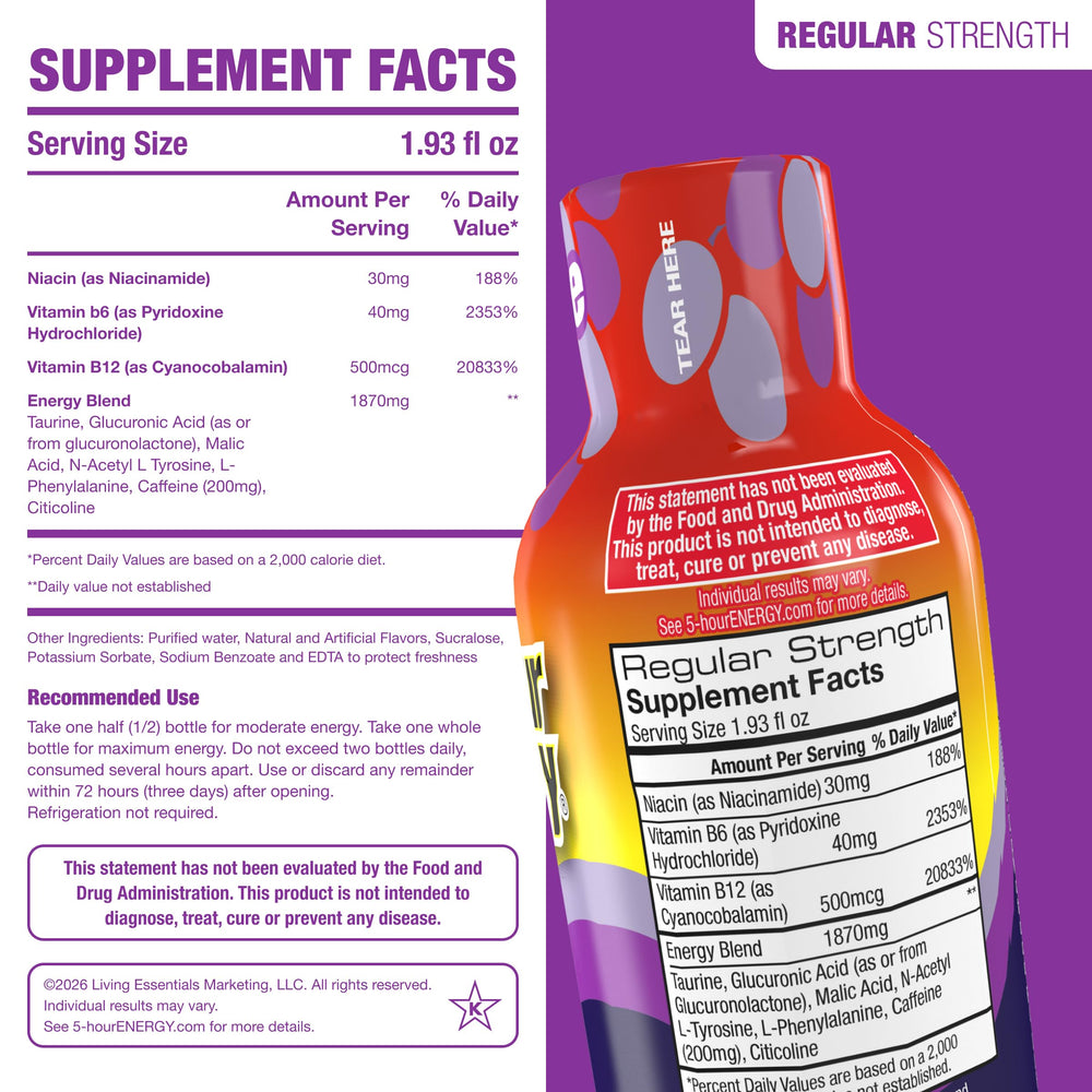 5-hour ENERGY detalle de etiqueta con información de vitaminas y cafeína