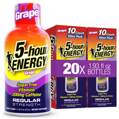 5-hour ENERGY frente del empaque mostrando conveniencia y sabor uva