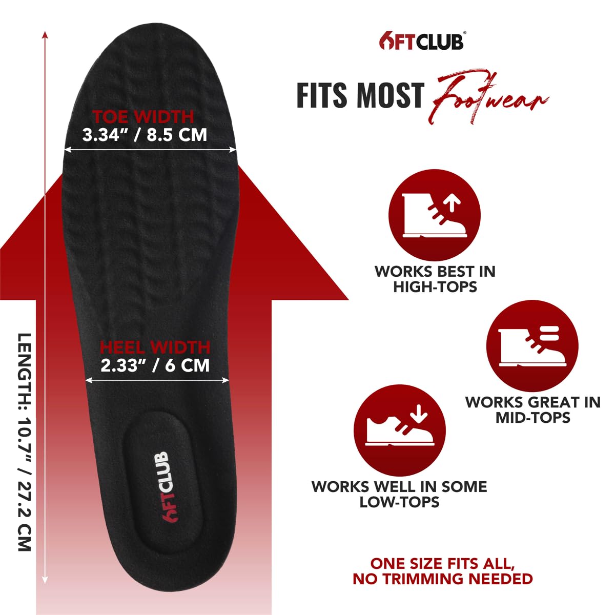 6FT CLUB etiqueta con dimensiones e instrucciones de uso claras