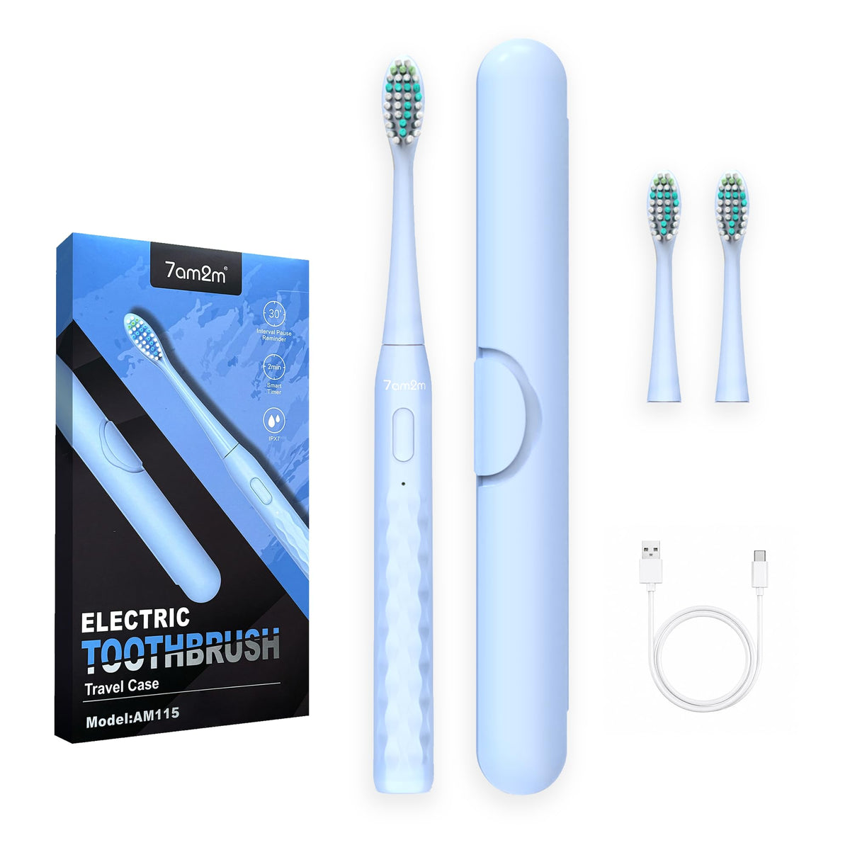 7AM2M vista frontal del cepillo azul mostrando diseño compacto y práctico