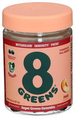 8Greens envase frontal mostrando gomitas durazno, conveniente para tomar diariamente