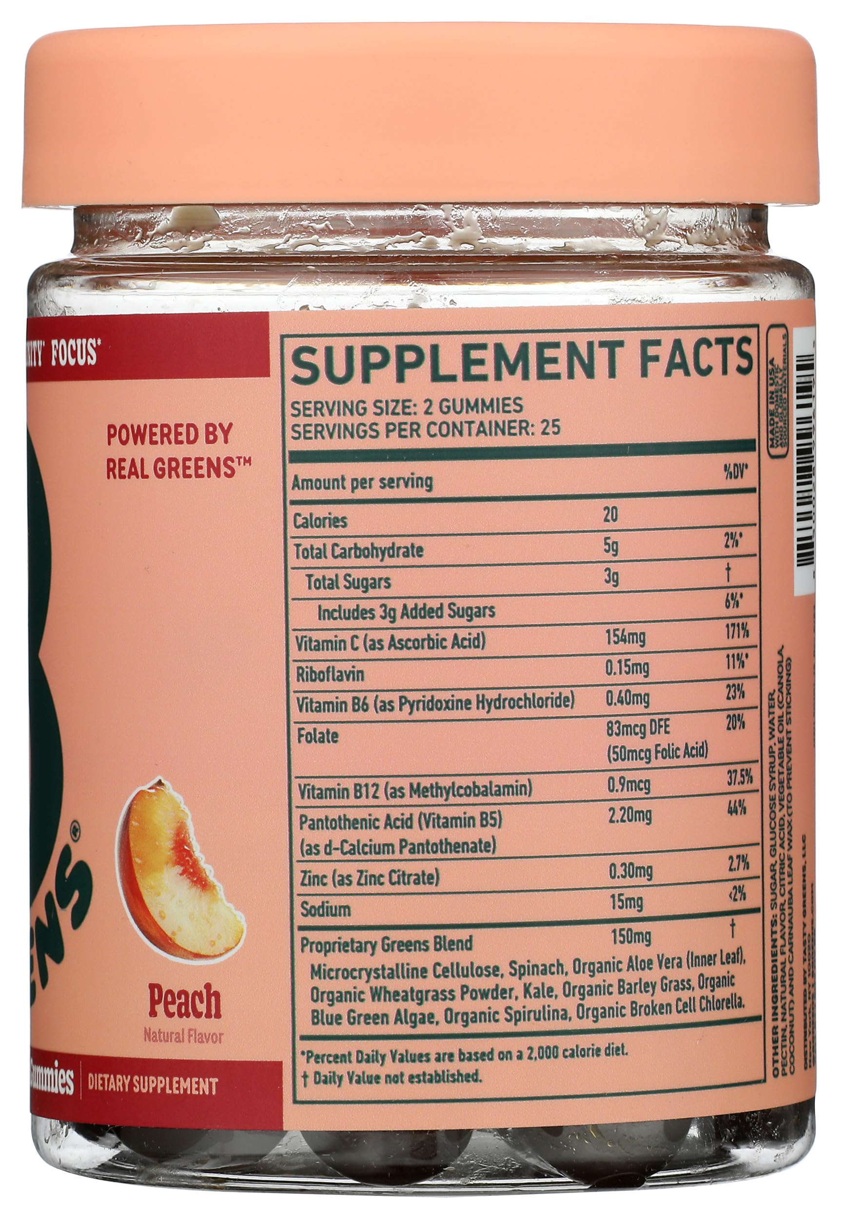 Polvos y hojas verdes que ilustran ingredientes reales 8Greens y aporte nutritivo