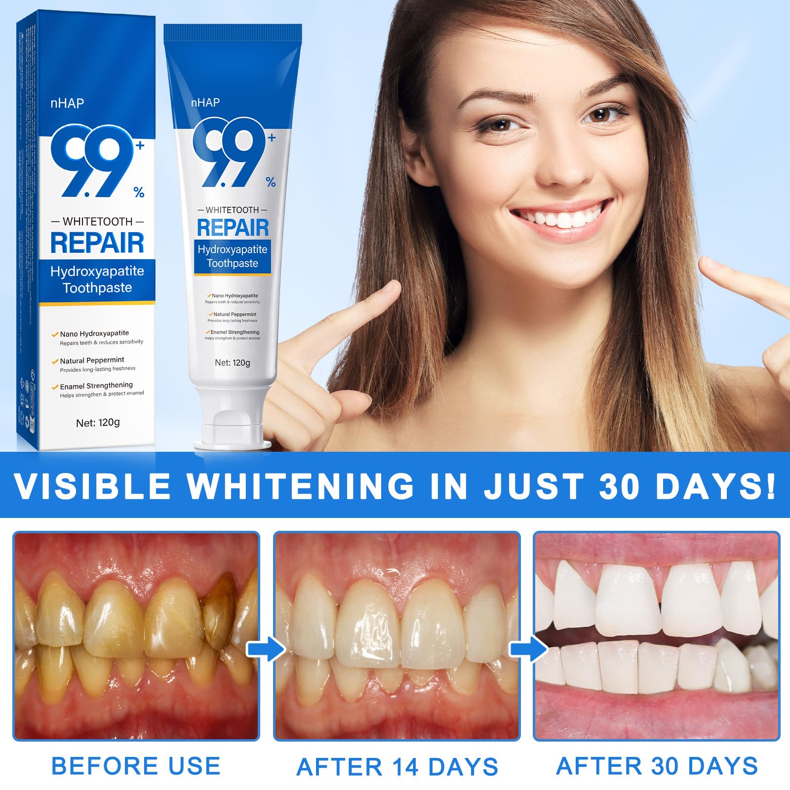 9.9% Nano Hydroxyapatite Toothpaste etiqueta con ingredientes, transparencia y seguridad