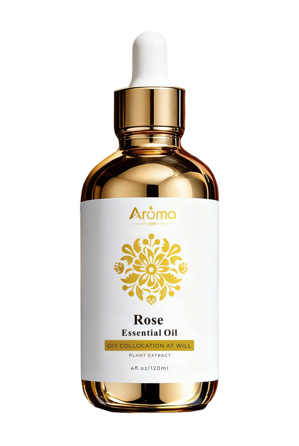 AromaLYA frasco frontal mostrando etiqueta clara y capacidad 4 fl oz, ideal para uso doméstico