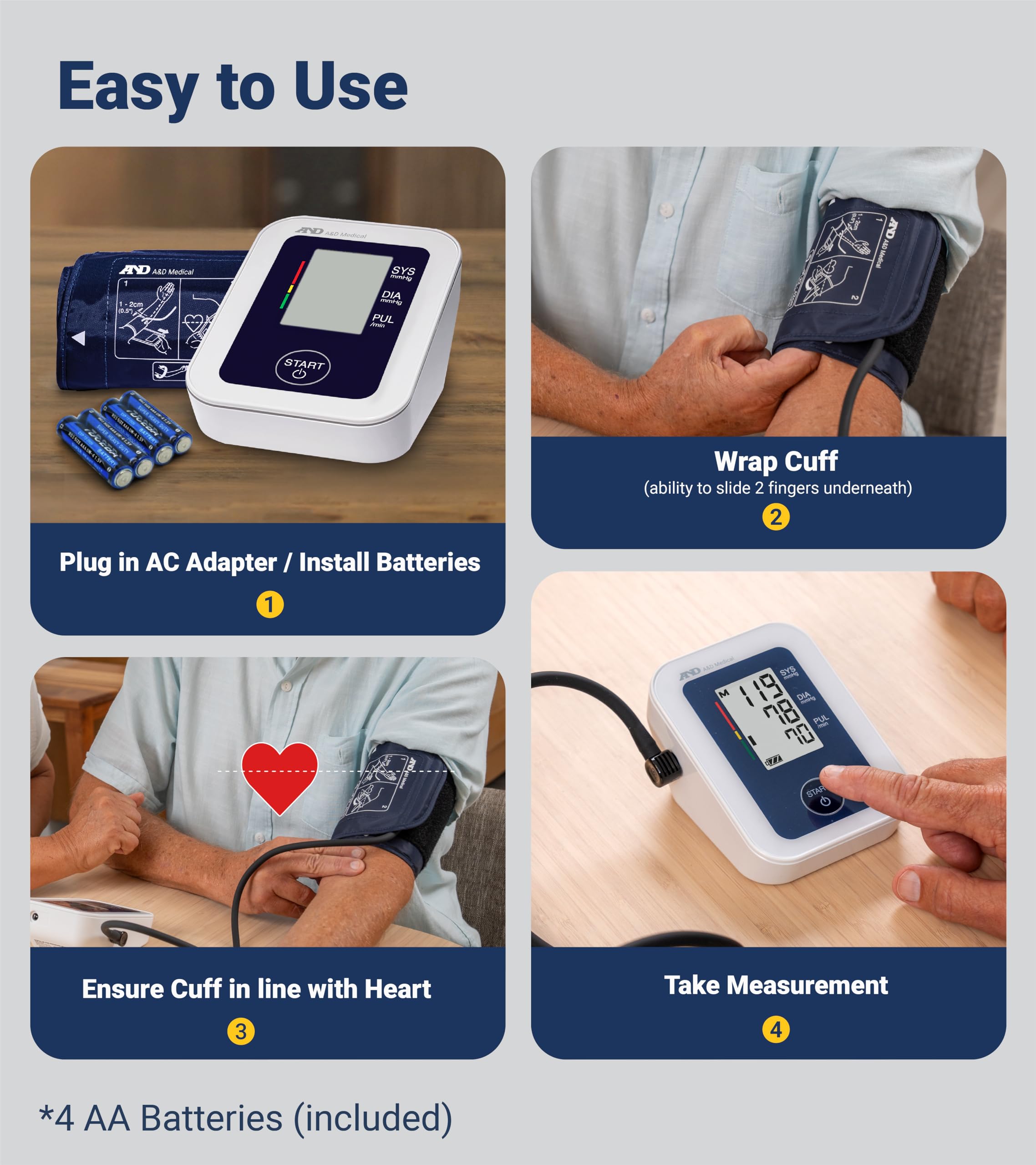 A&D Medical monitor en uso mano colocando manguito, comodidad diaria