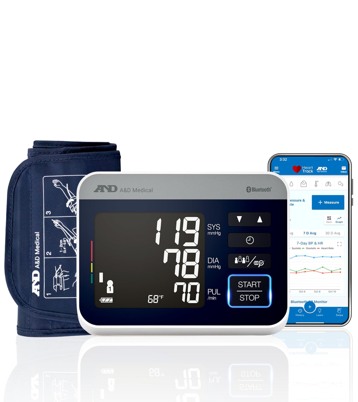 A&D Medical monitor frontal mostrando pantalla grande y botones, lectura más fácil