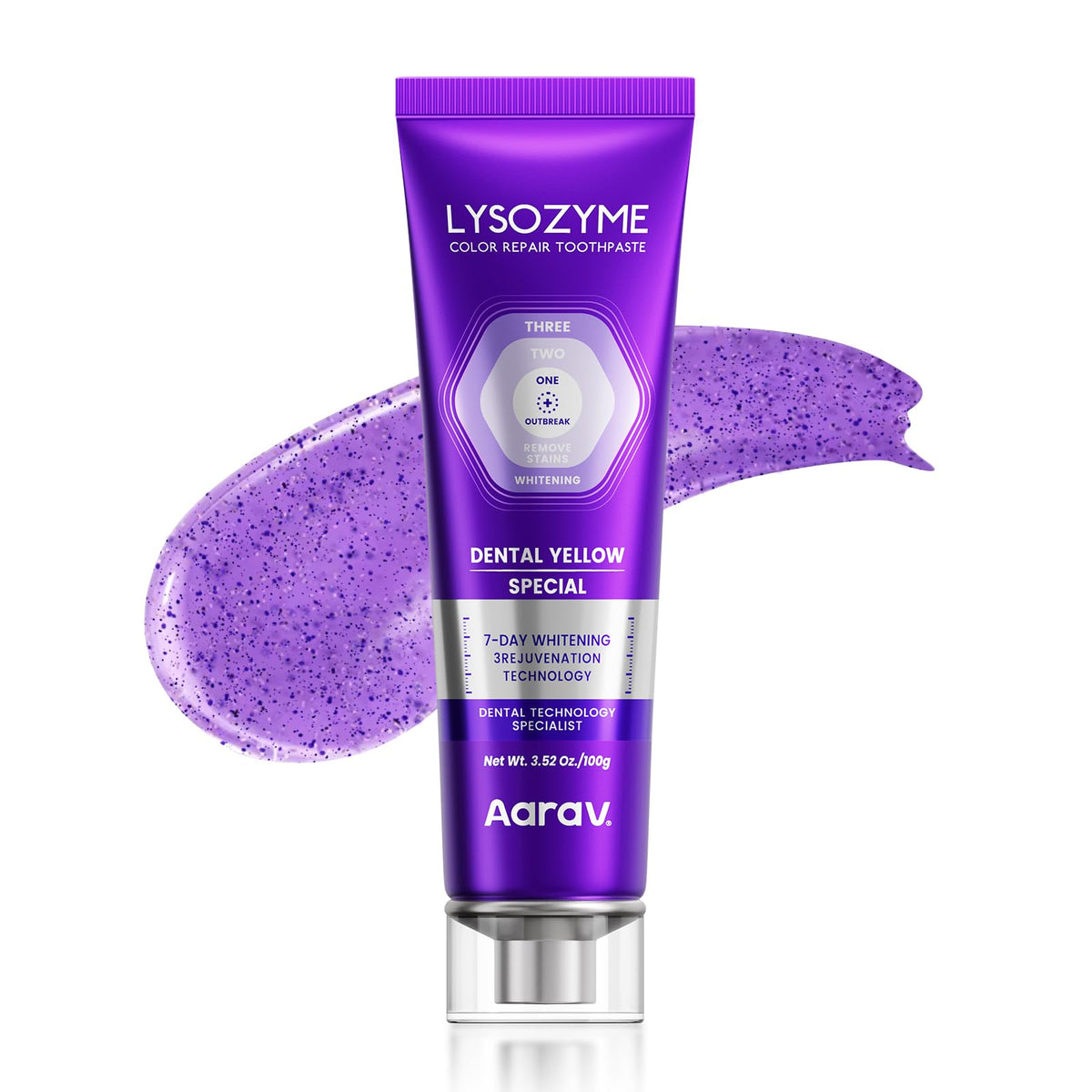 Aarav frente del tubo mostrando diseño y color violeta para sonrisa más brillante
