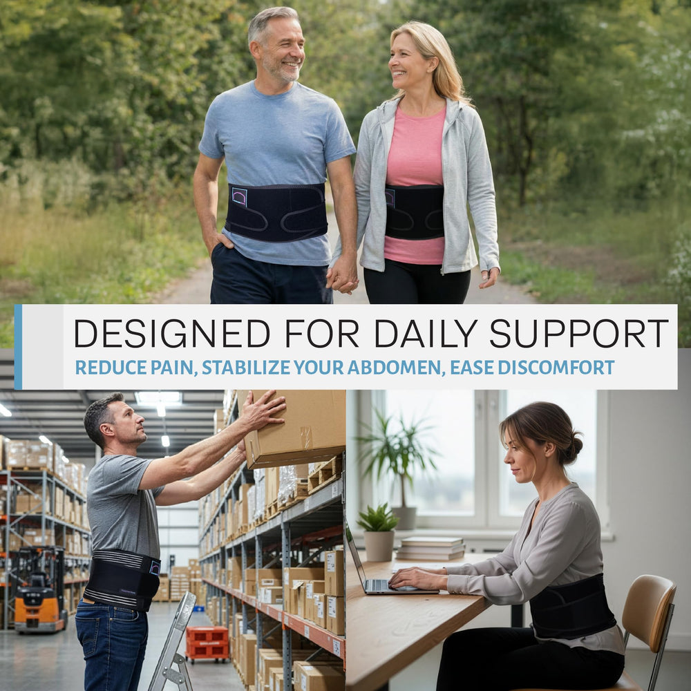 Abdomencare mujer llevando la faja bajo ropa para soporte discreto y cómodo