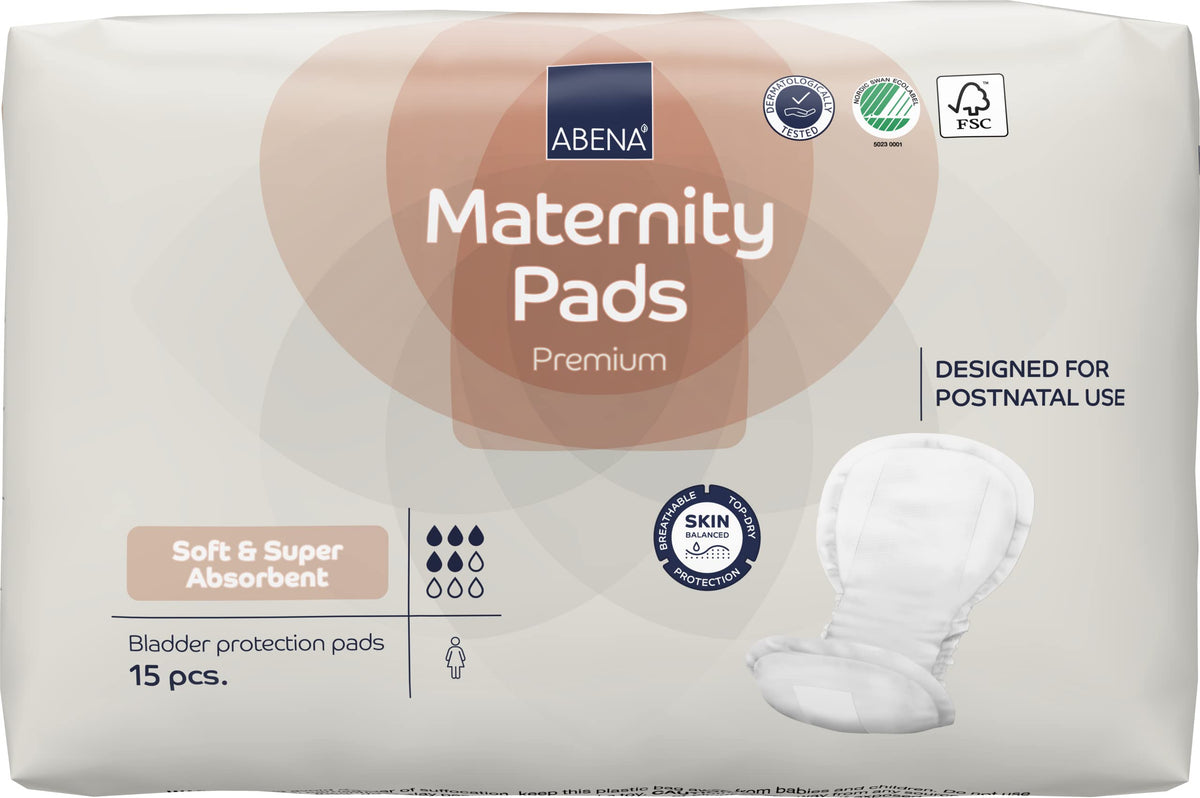 Abena compresa postparto frontal mostrando forma anatómica y protección