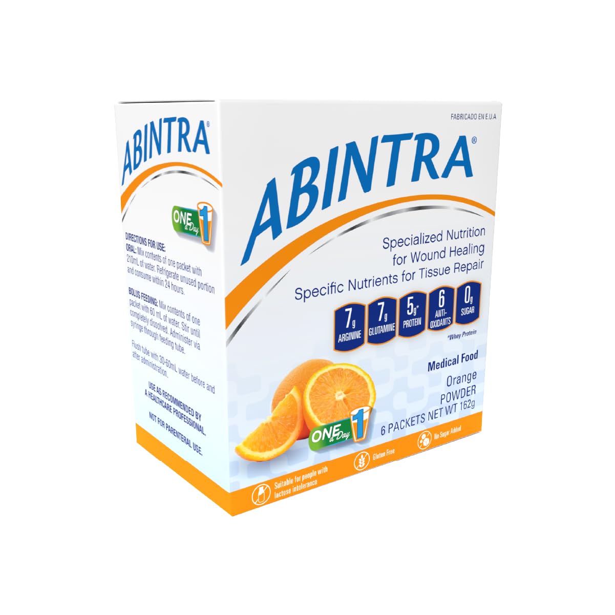 ABINTRA frente del empaque mostrando sobres y logotipo, aporta nutrición especializada
