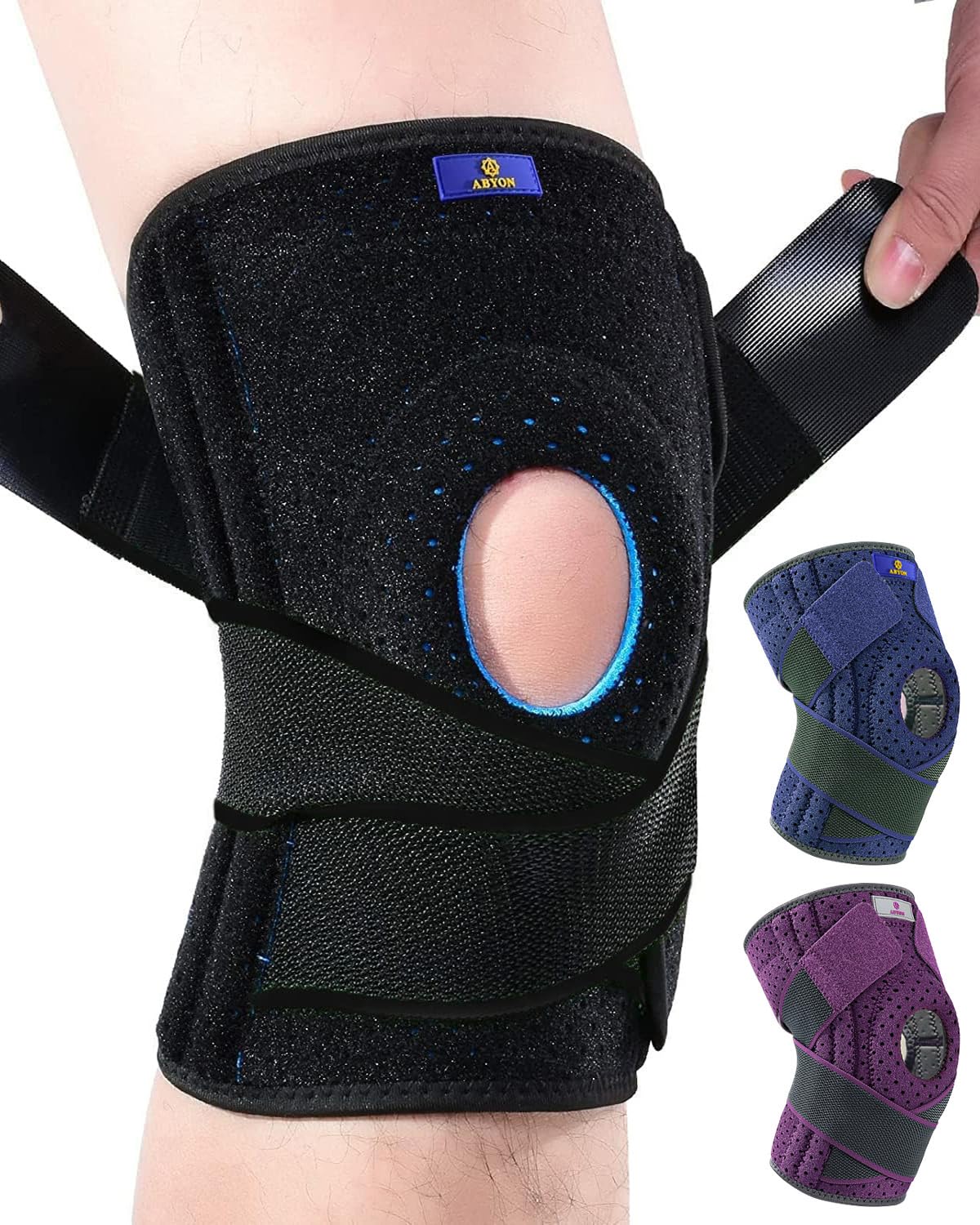 ABYON rodillera frontal mostrando cierre y diseño, soporte inmediato