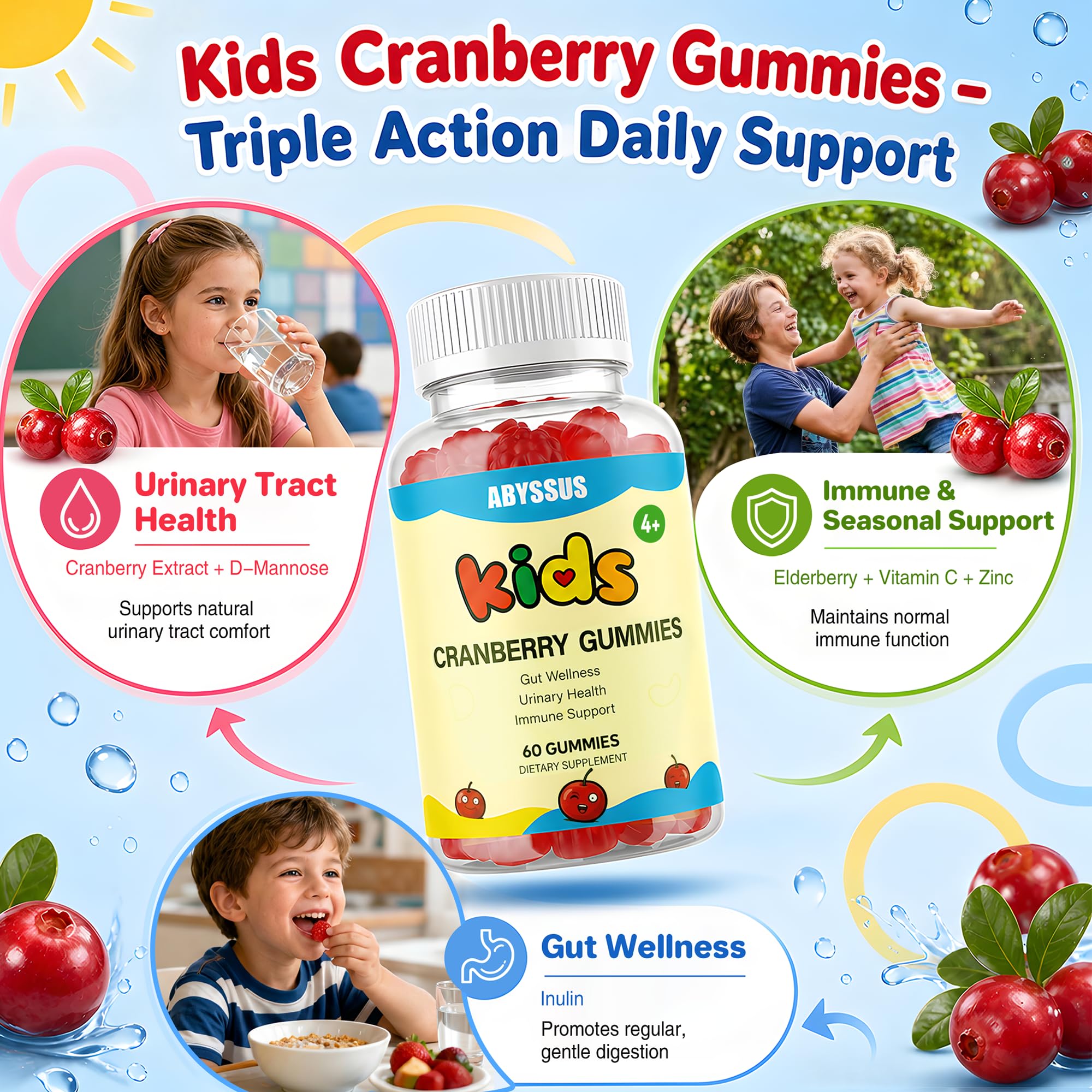ABYSSUS presentación de gomitas con guía de dosificación por edad