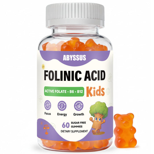 ABYSSUS envase frontal de gomitas folinato sin azúcar mostrando diseño claro