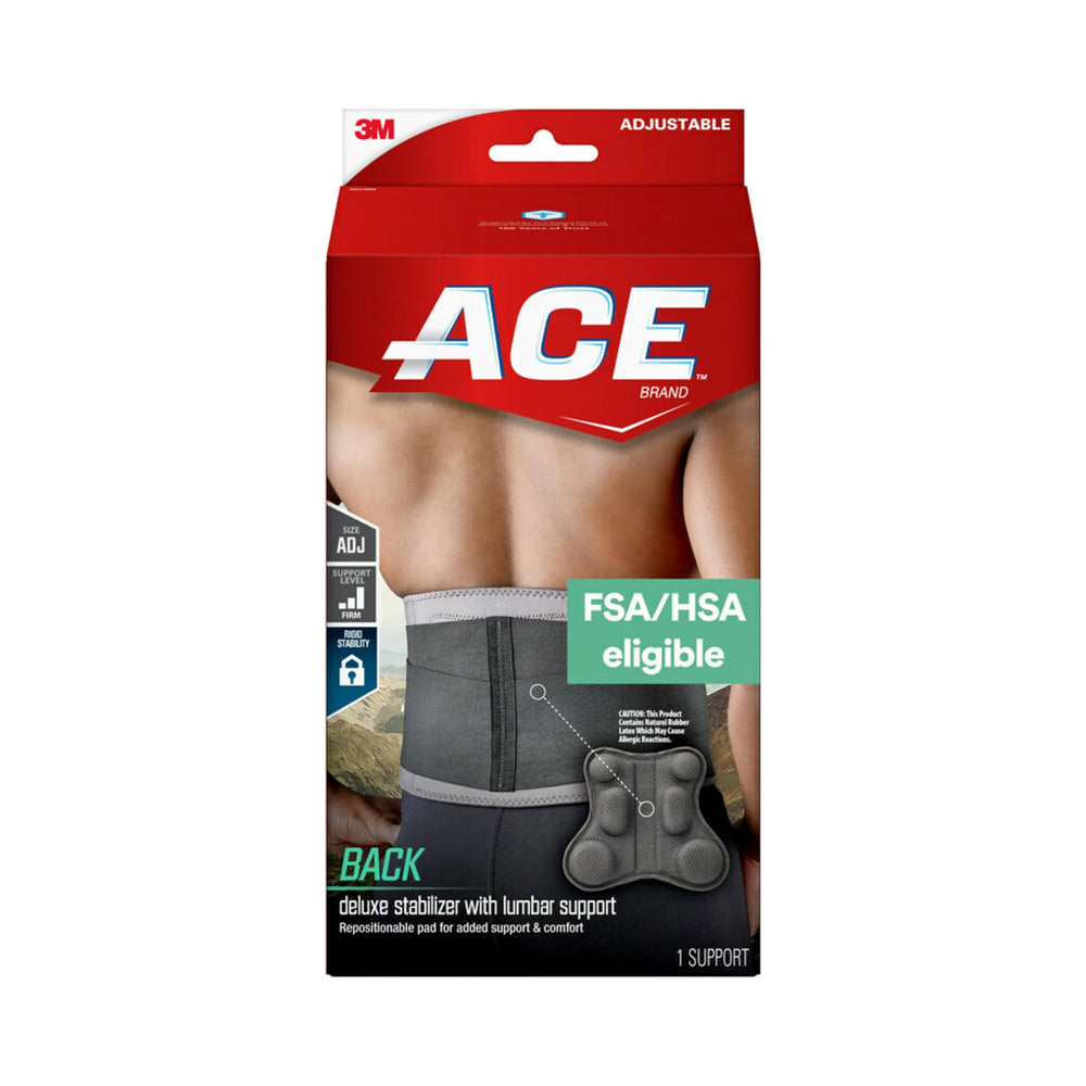 ACE faja vista frontal mostrando soporte lumbar y ajuste cómodo