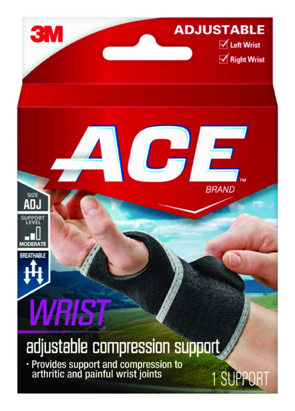 ACE soporte de muñeca frontal mostrando el empaque y beneficio de apoyo