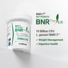 AceBiome etiqueta detallada mostrando Lactobacillus gasseri BNR17 y ventajas
