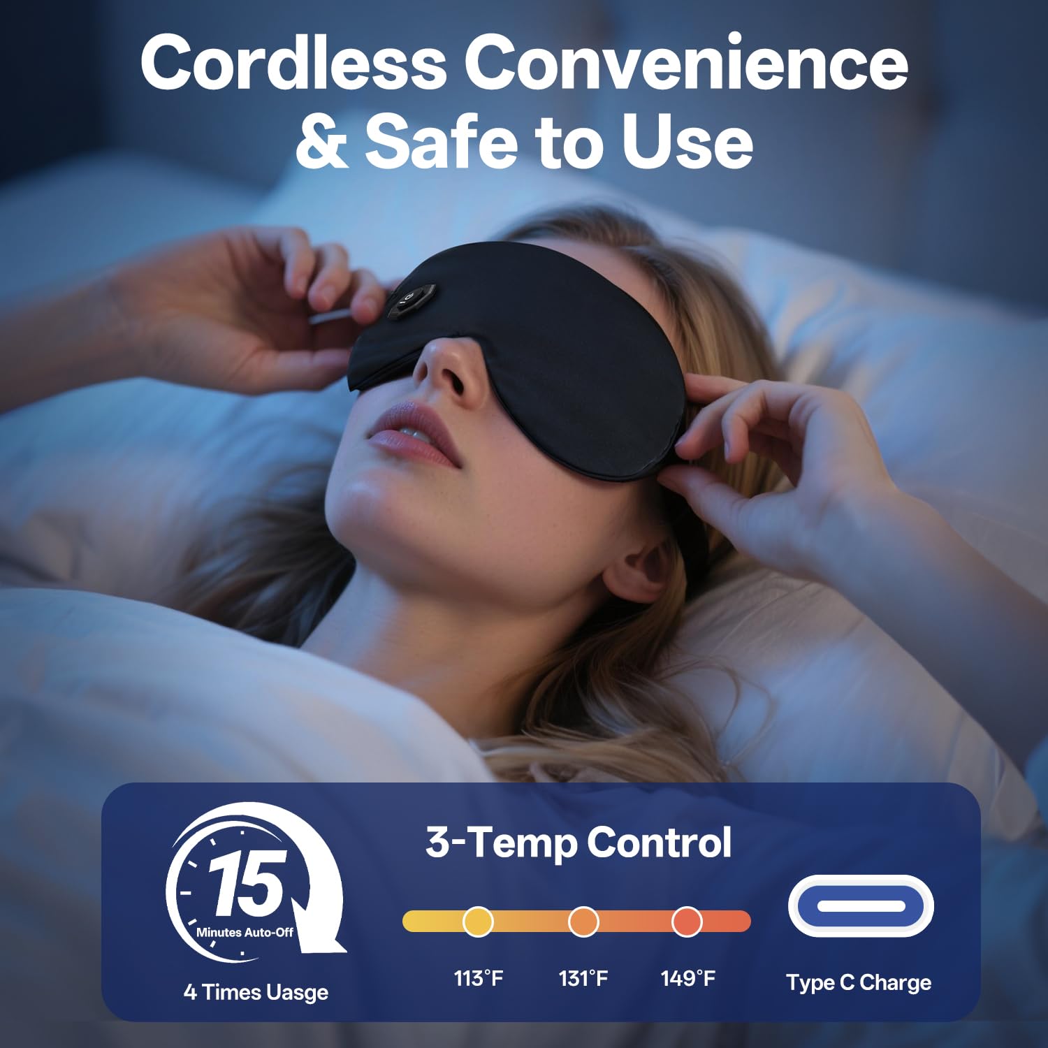 Acewin persona usando máscara en la cama para relajación rápida