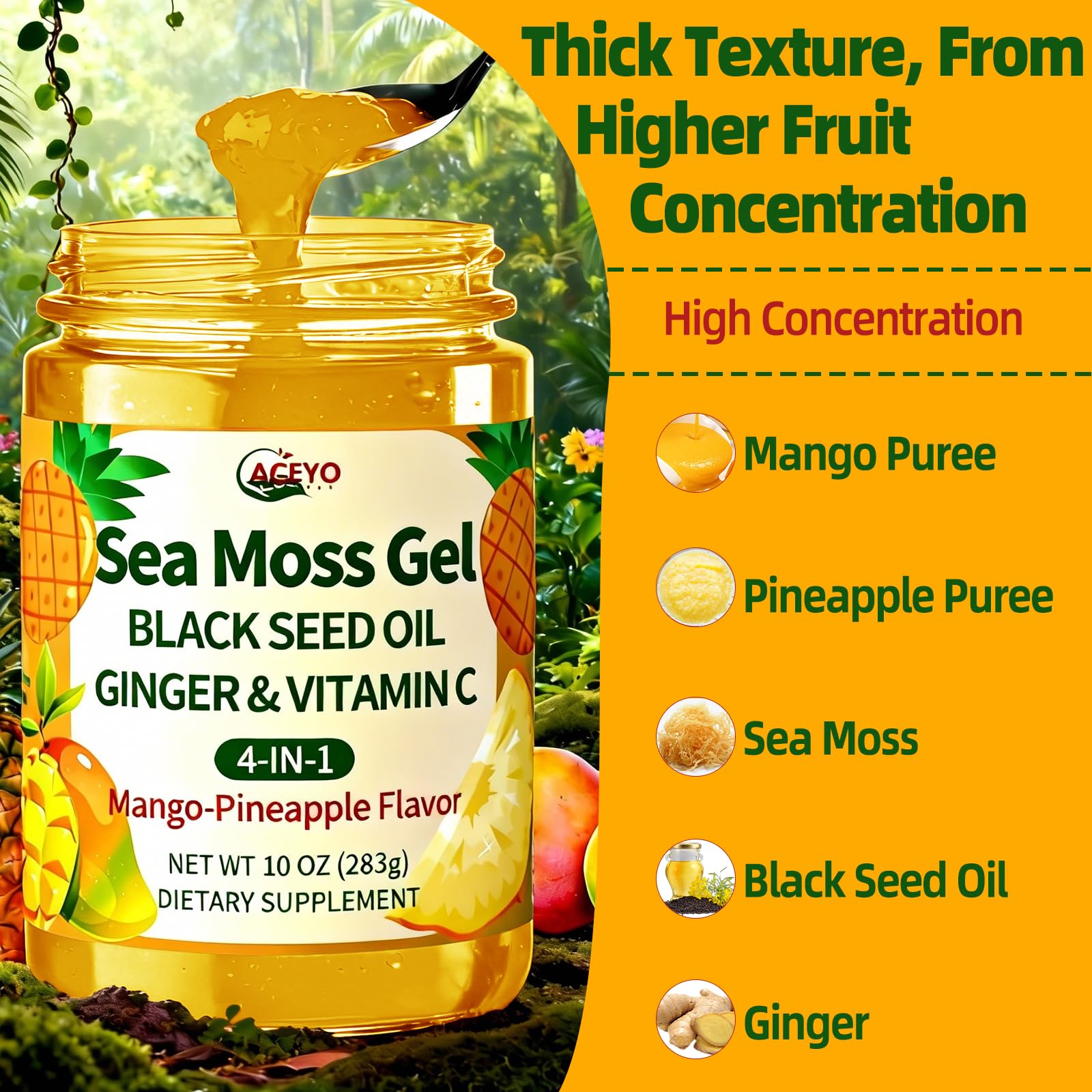 ACEYO primer plano de mango, piña, jengibre y sea moss juntos