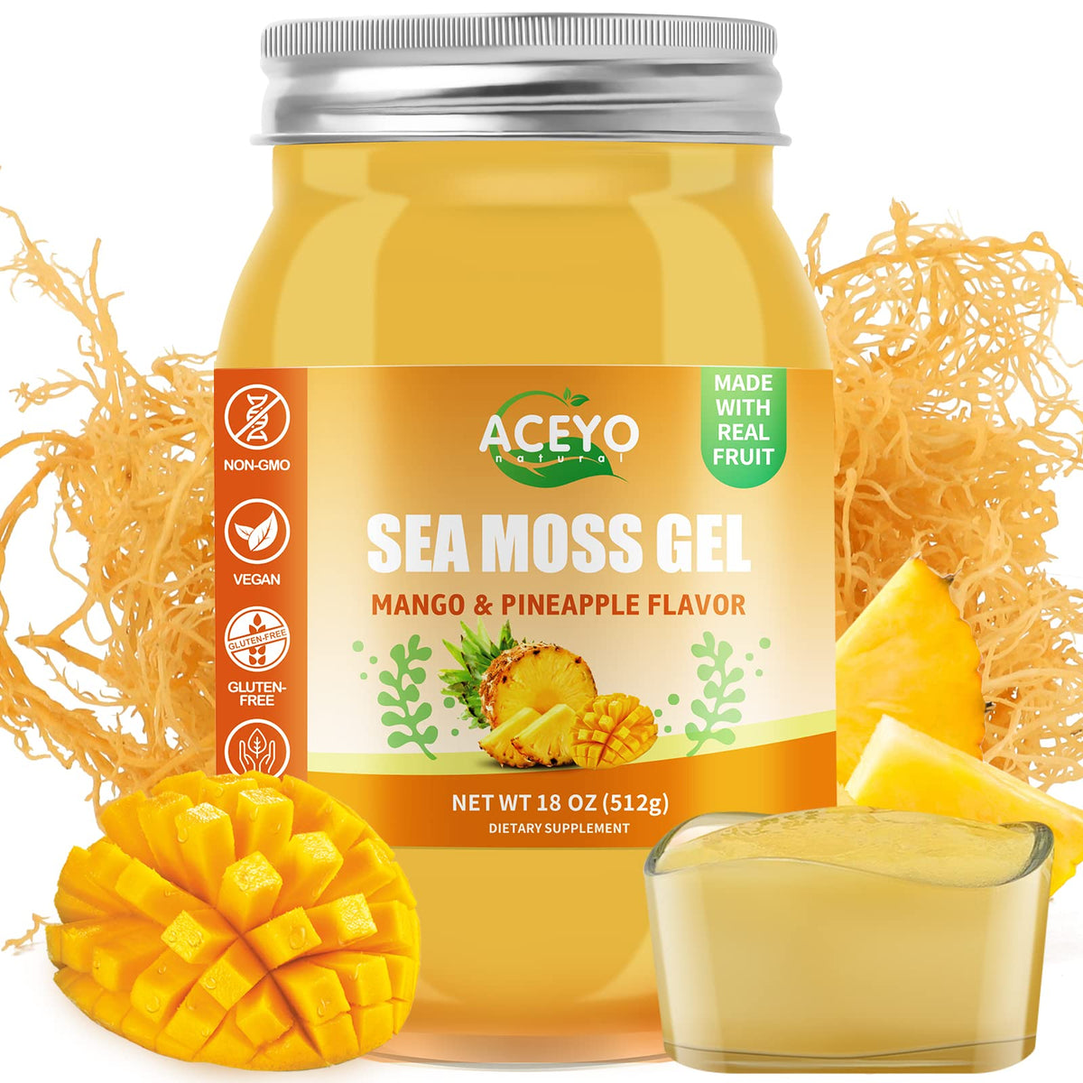 ACEYO frente del envase mostrando gel mango piña y etiqueta clara
