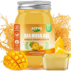 ACEYO frente del envase mostrando gel mango piña y etiqueta clara