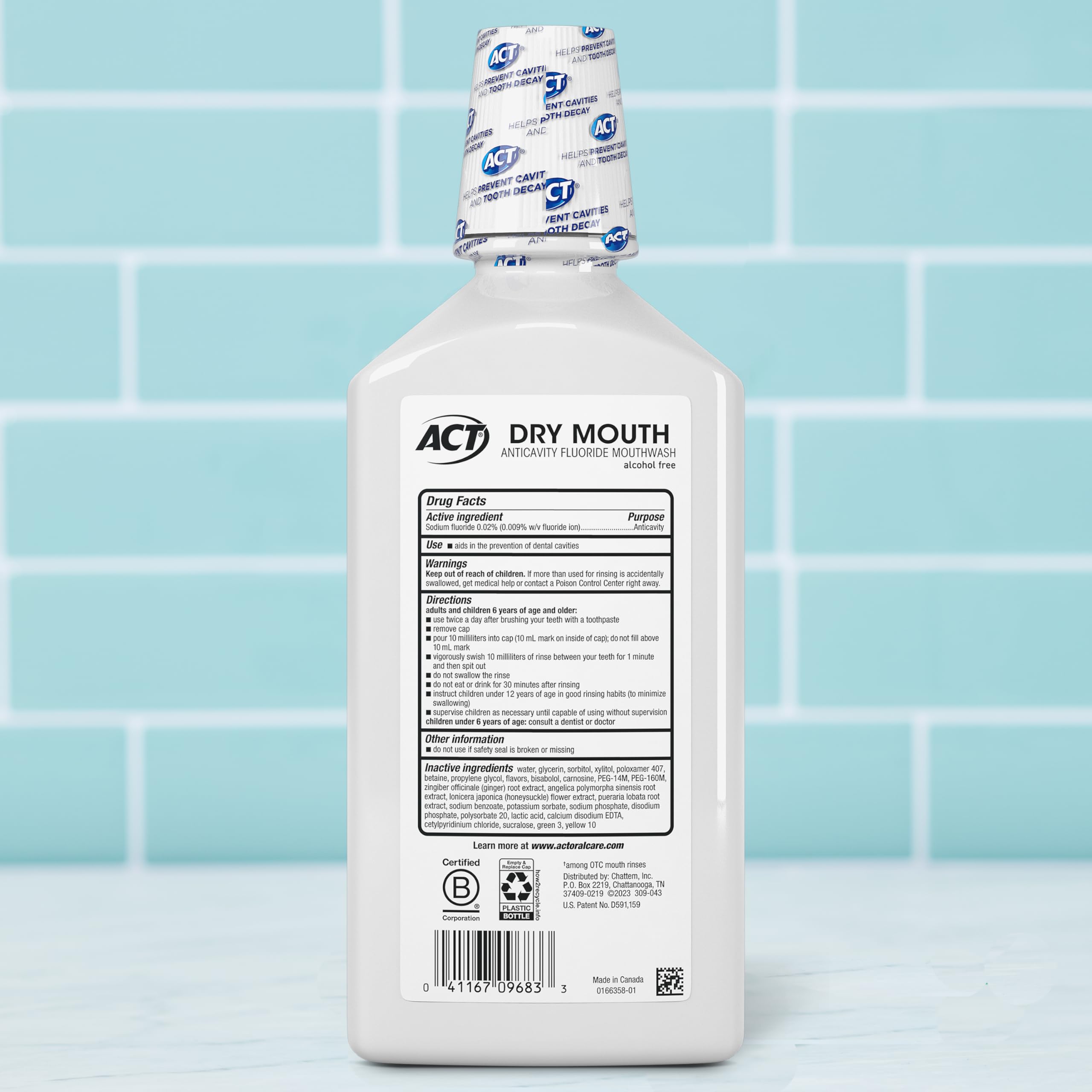 ACT etiqueta en primer plano resaltando flúor y xilitol, beneficio: protección dental