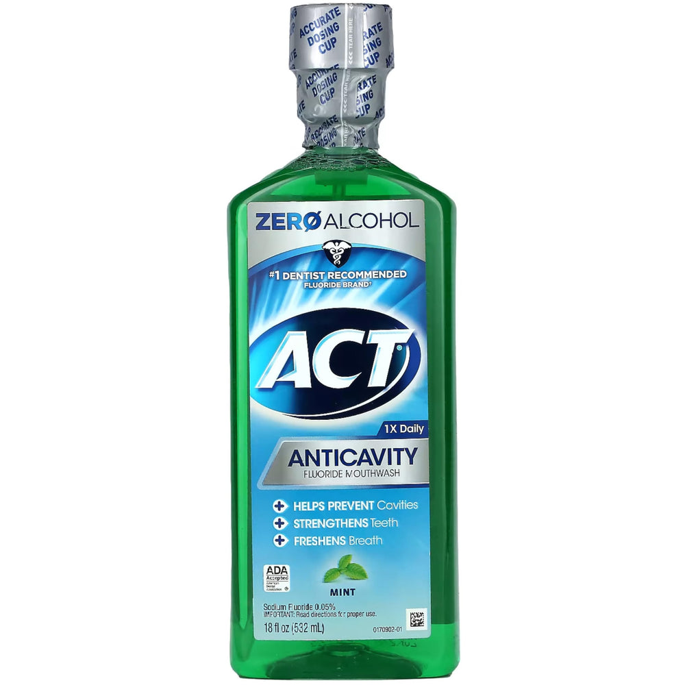 ACT enjuague anticaries vista frontal mostrando etiqueta y volumen, confianza en protección