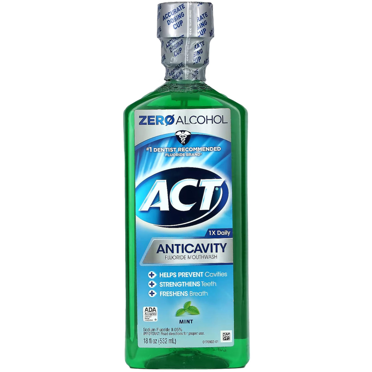 ACT enjuague anticaries vista frontal mostrando etiqueta y volumen, confianza en protección