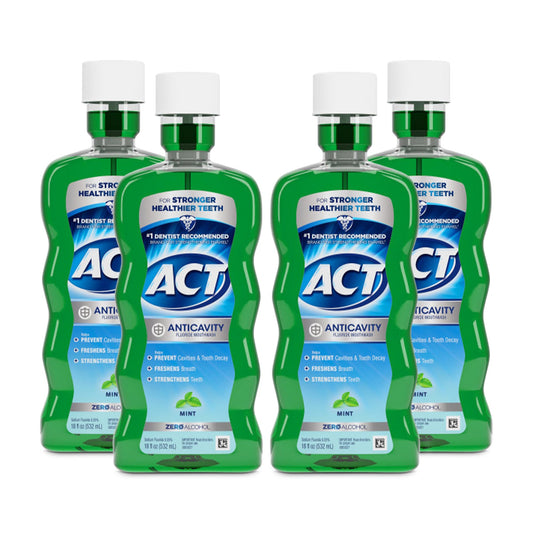 ACT enjuague pack de 4 mostrando el frente y etiqueta, protección anticaries