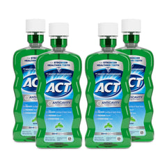 ACT enjuague pack de 4 mostrando el frente y etiqueta, protección anticaries
