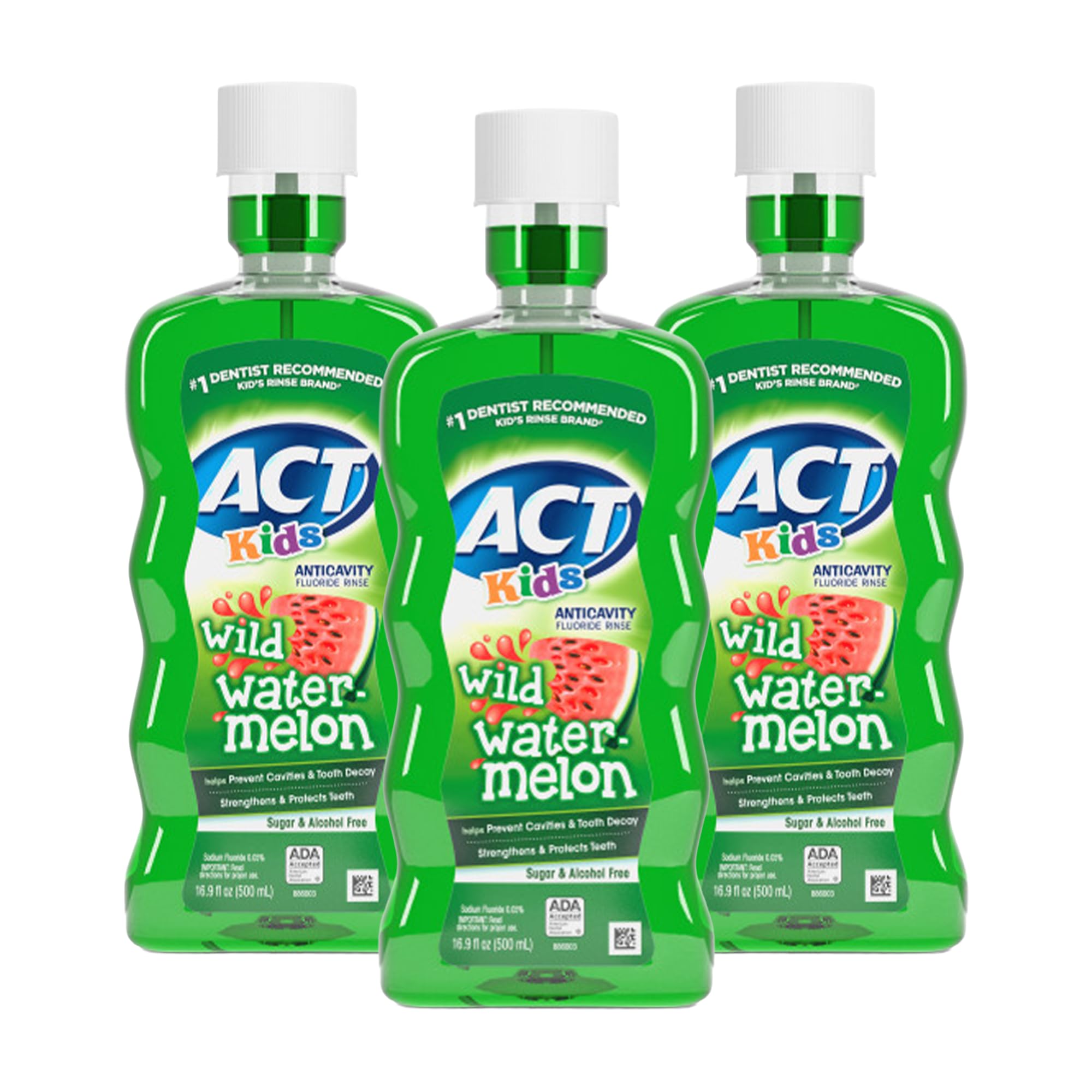 ACT Kids enjuague frontal pack de tres muestra empaque y tamaño, facilita abastecimiento