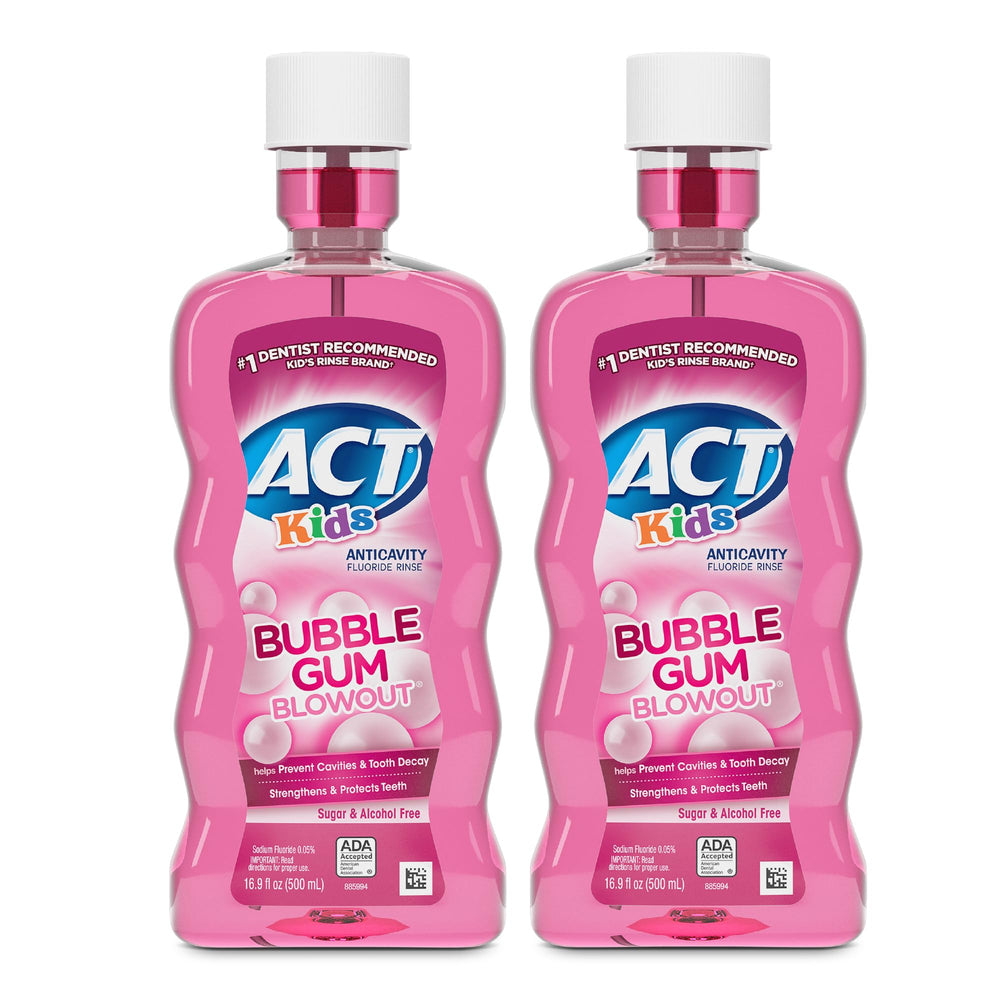 ACT regalo frontal del envase que muestra el sabor bubble gum y beneficio anticaries