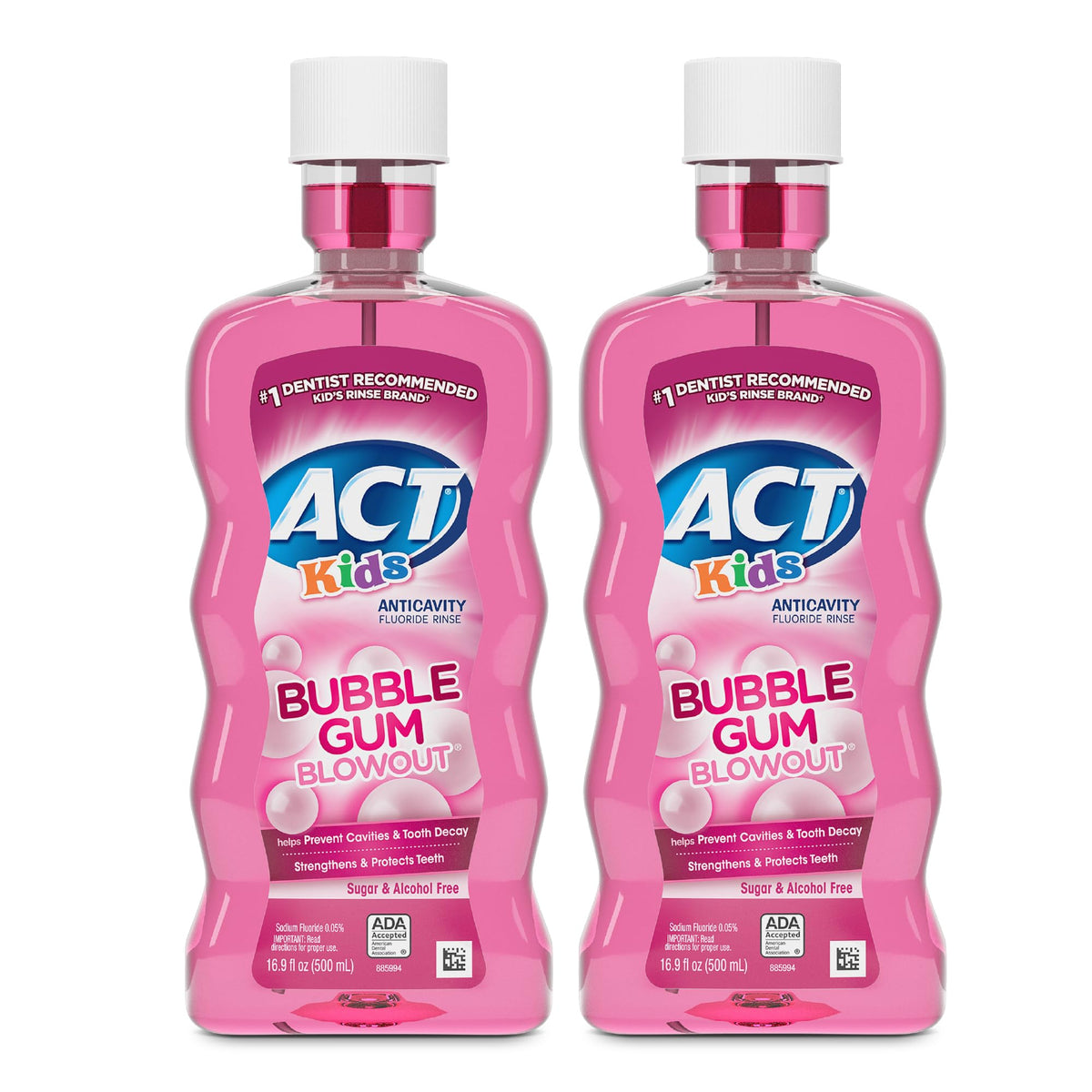 ACT regalo frontal del envase que muestra el sabor bubble gum y beneficio anticaries