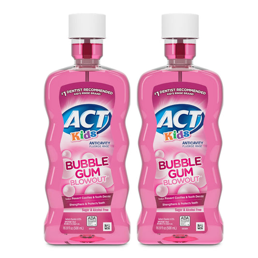 ACT regalo frontal del envase que muestra el sabor bubble gum y beneficio anticaries