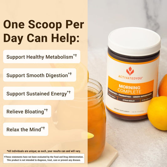 ACTIVATEDYOU Morning Complete nutrition label highlights prebiotics and probiotics for balanced digestion.