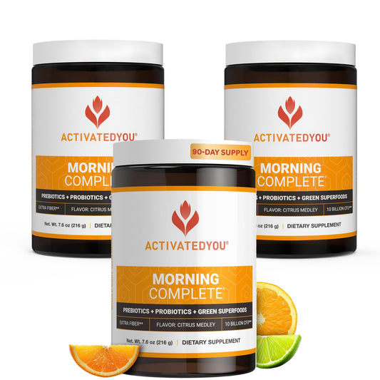 ACTIVATEDYOU Morning Complete tub front shows a convenient daily greens drink for gut support and energy.