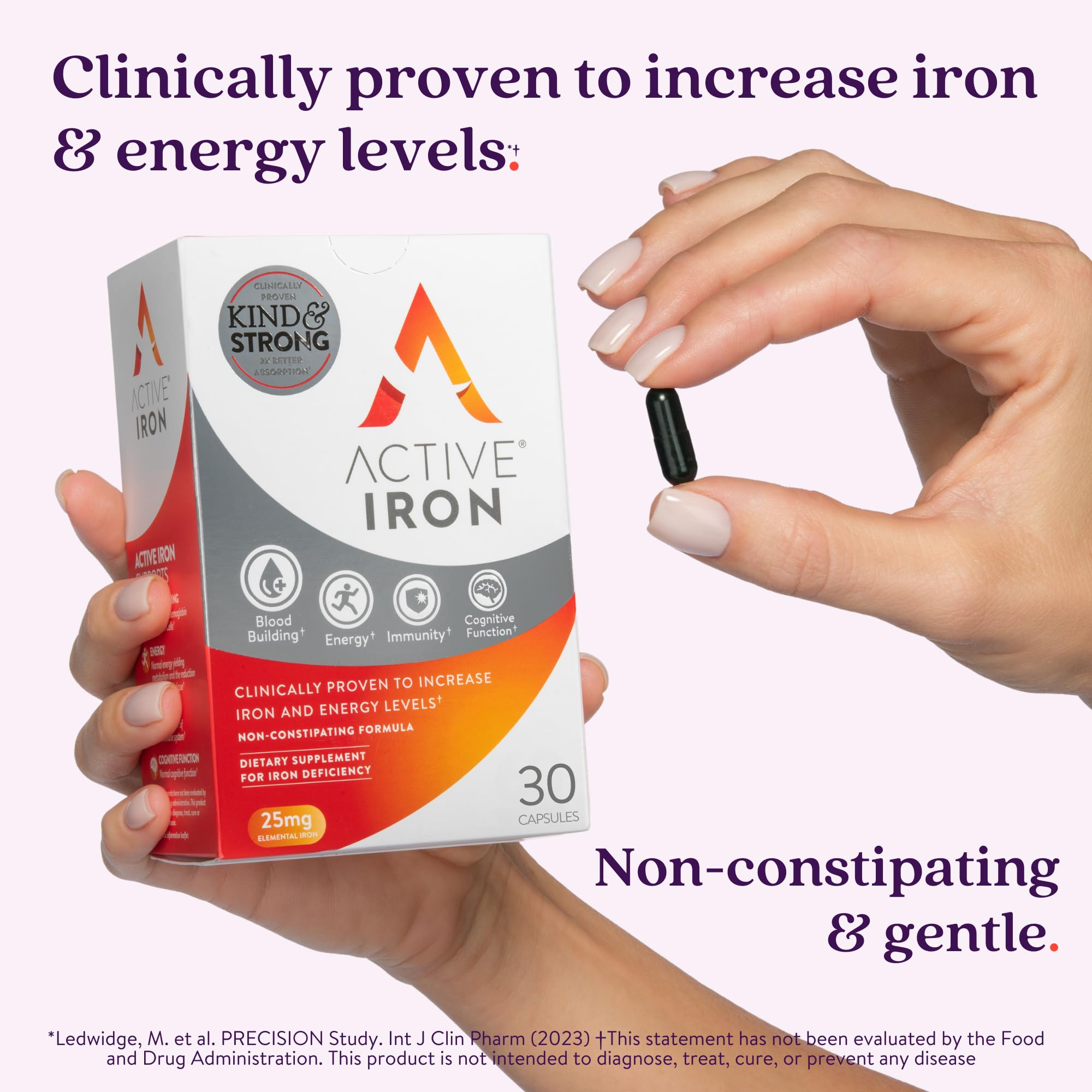 ACTIVEIRON cápsula en primer plano que muestra tamaño fácil de tragar