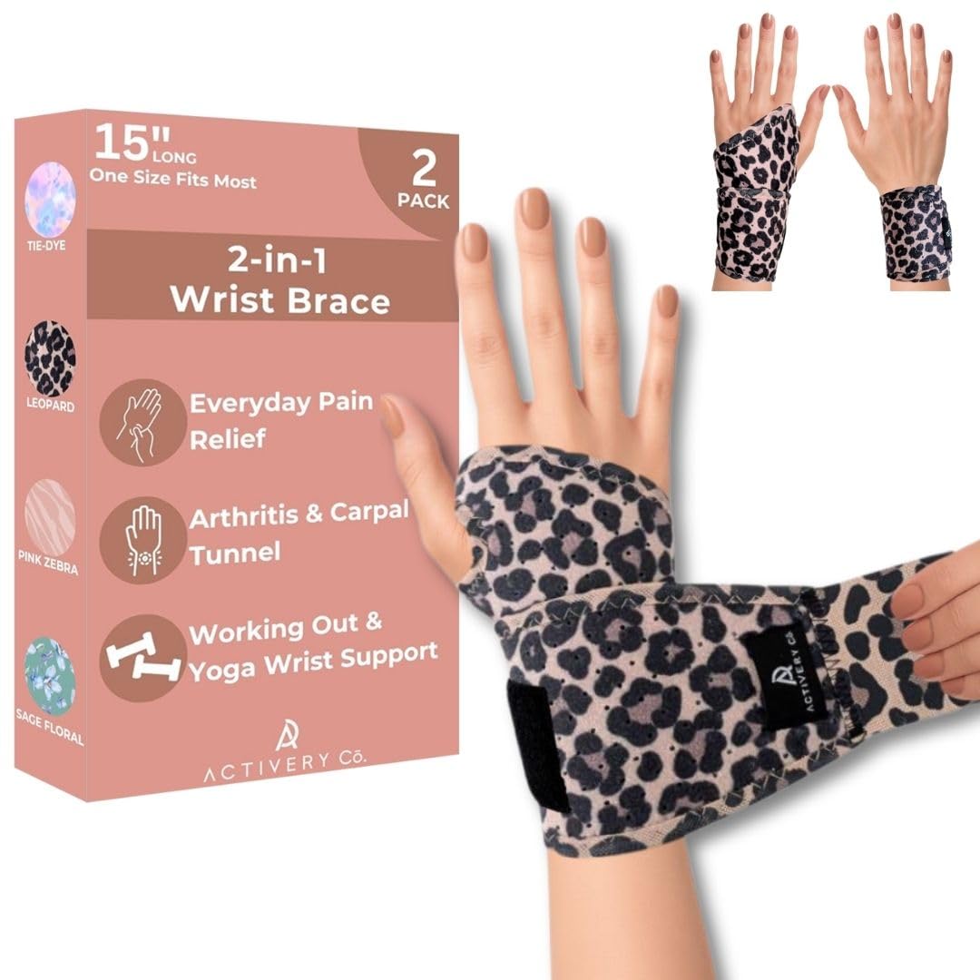 Activery Co. empaque frontal mostrando las dos muñequeras y diseño leopardo, soporte cómodo.