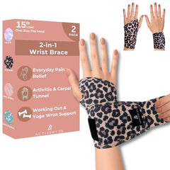 Activery Co. empaque frontal mostrando las dos muñequeras y diseño leopardo, soporte cómodo.