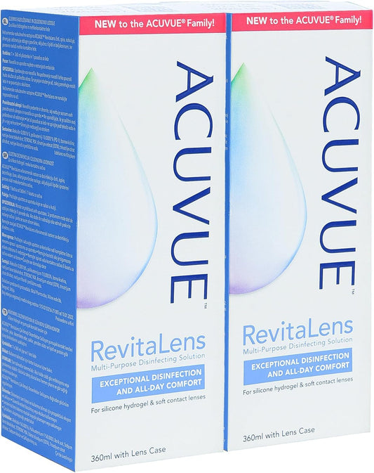 Acu vue RevitaLens envase frontal mostrando etiquetado y volumen