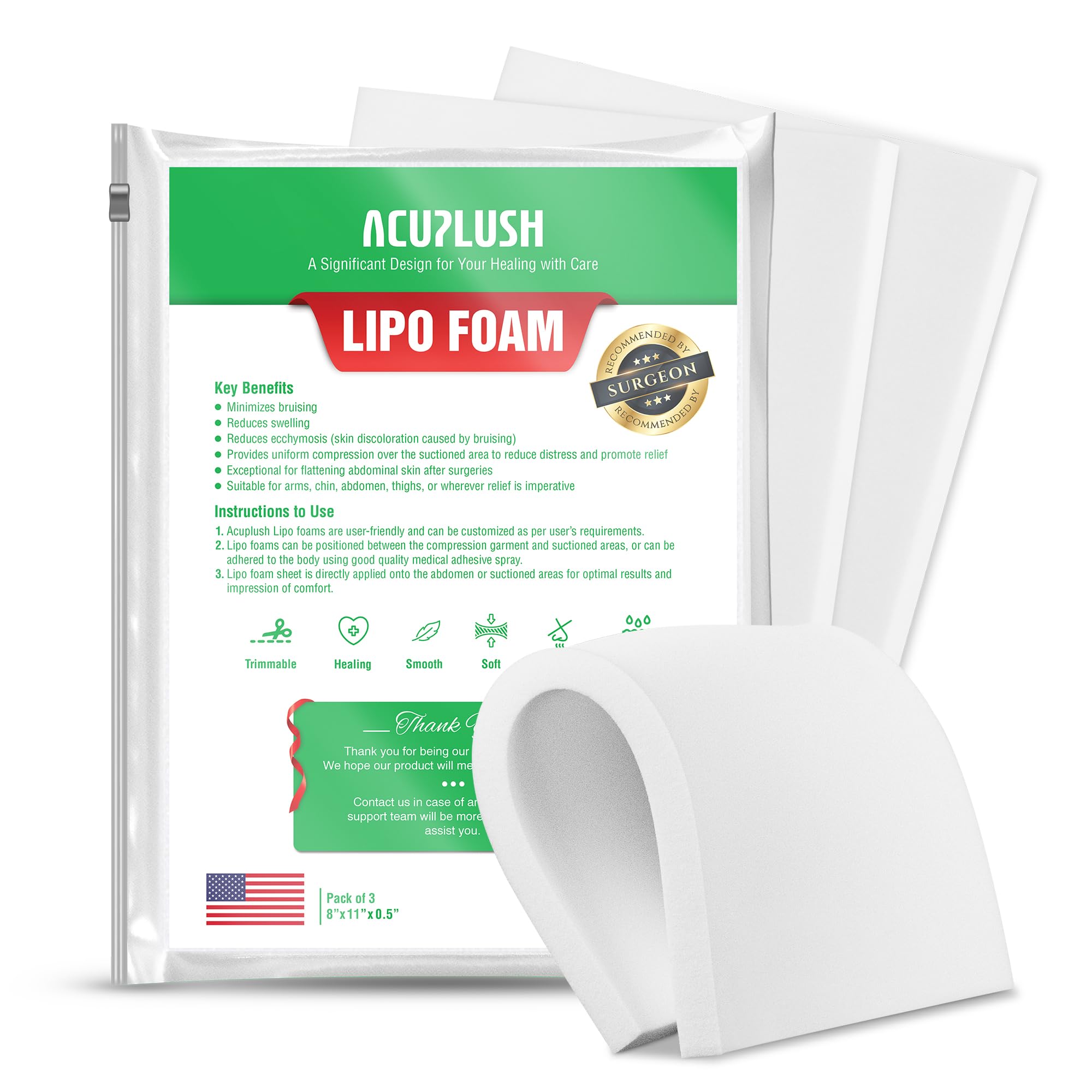 ACUPLUSH vista frontal del pack mostrando tres planchas y medidas, comodidad inmediata