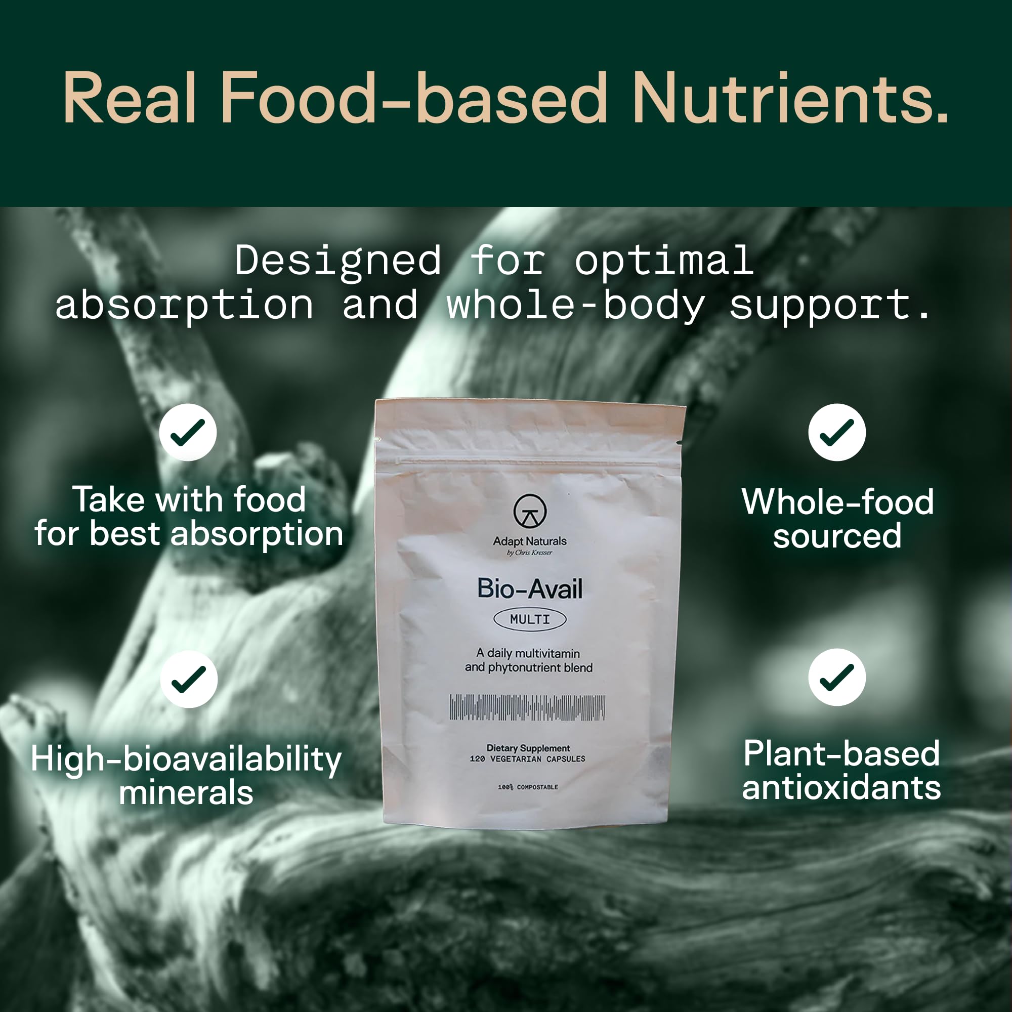 ADAPT NATURALS BY CHRIS KRESSER etiqueta nutricional legible con ingredientes clave