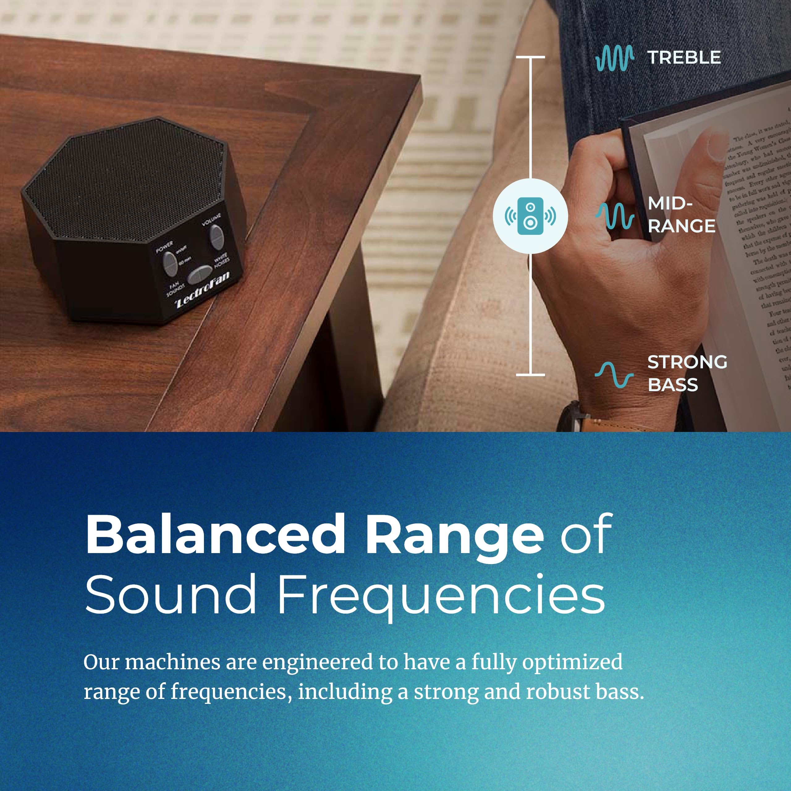 Adaptive Sound Technologies LectroFan Classic en mesita de noche creando ambiente sonoro reconfortante