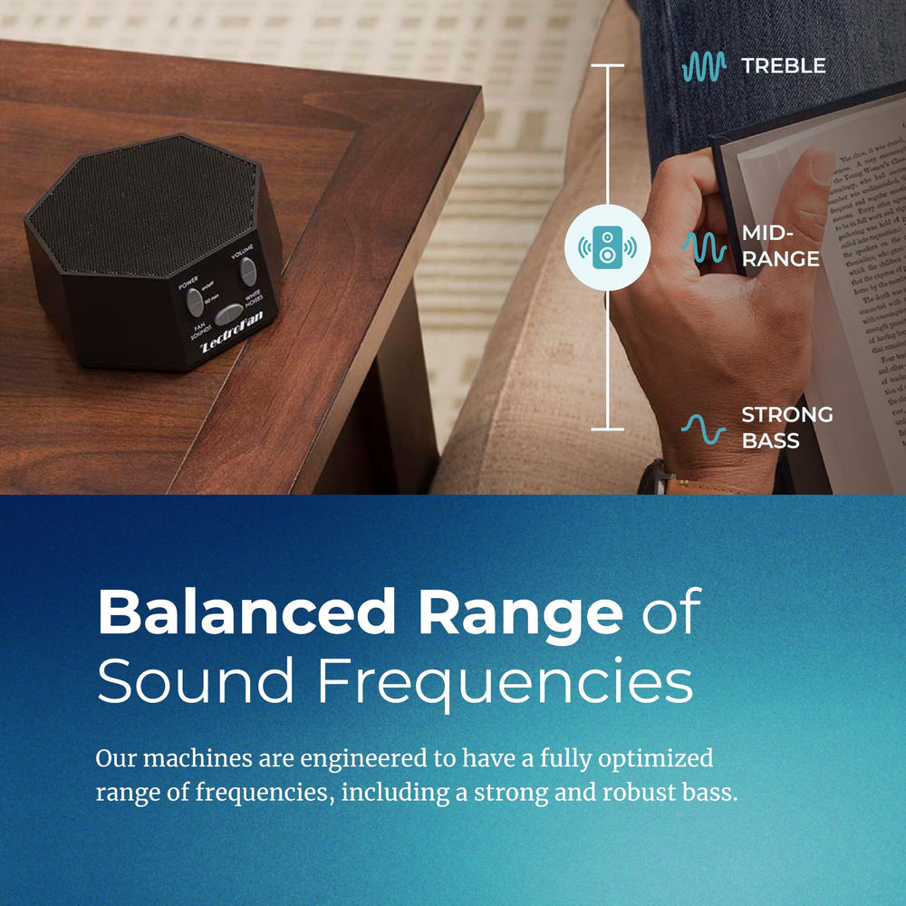 Adaptive Sound Technologies LectroFan Classic en mesita de noche creando ambiente sonoro reconfortante