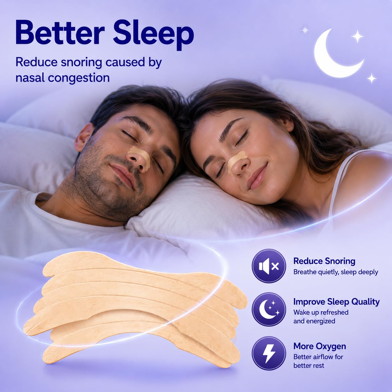 Adelbras tira nasal colocada en modelo durmiendo para mejor respiración nocturna