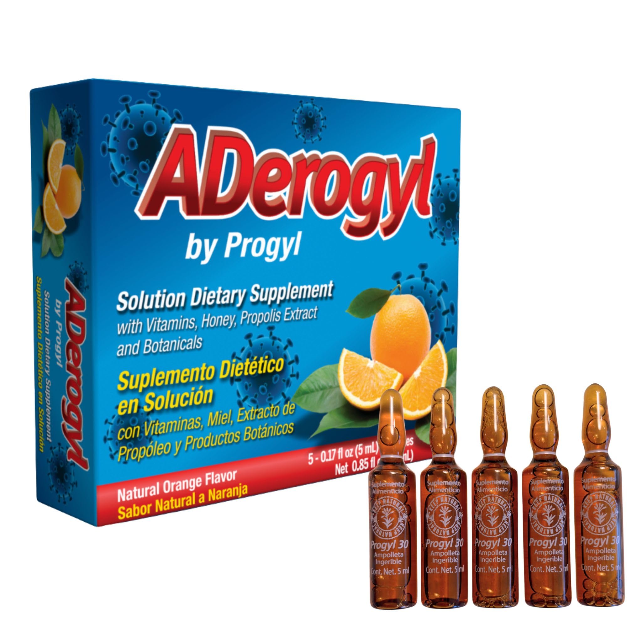 Aderogyl ampolla frontal mostrando etiqueta clara y sabor naranja para toma fácil