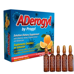 Aderogyl ampolla frontal mostrando etiqueta clara y sabor naranja para toma fácil