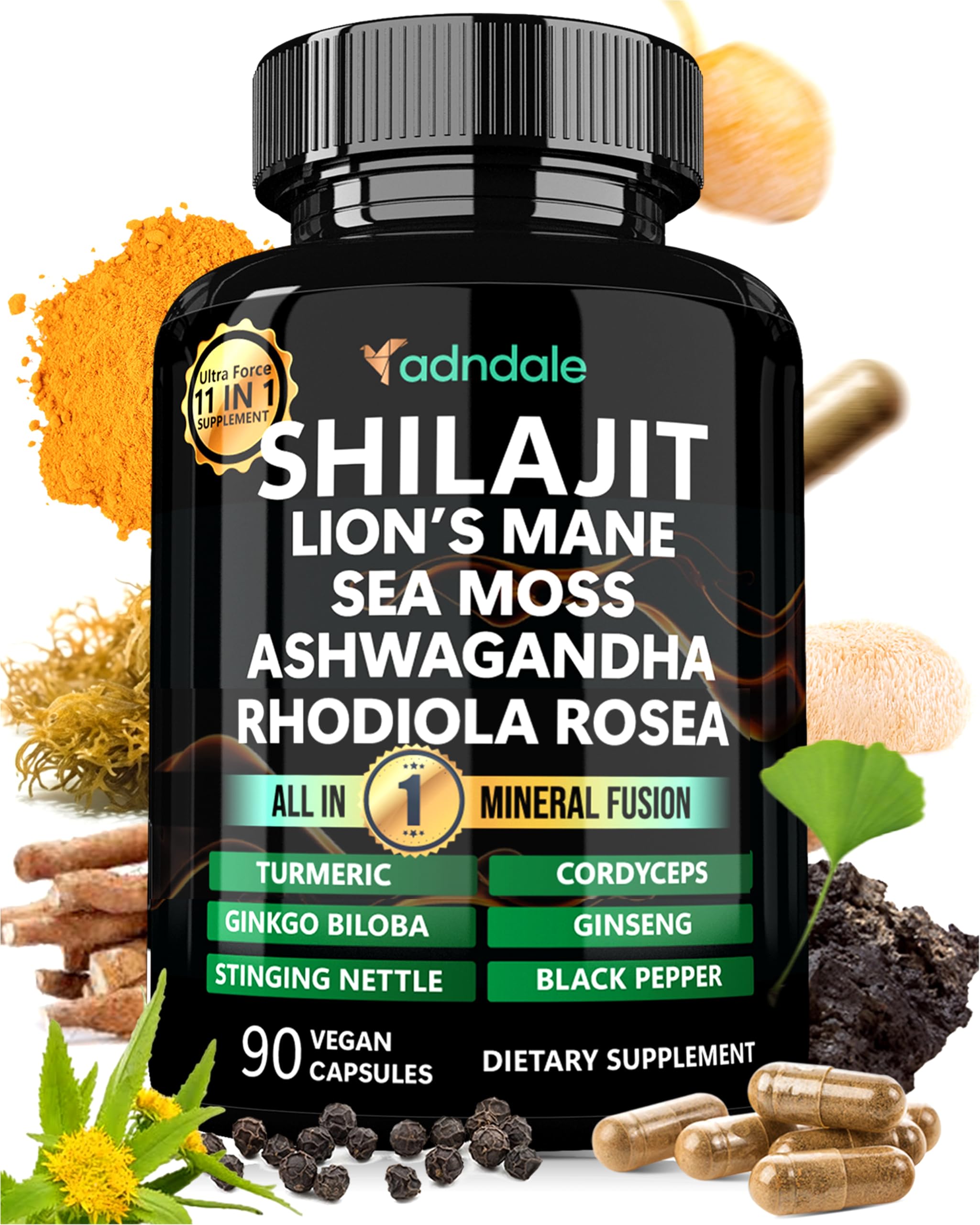 Adndale frasco frontal de Shilajit cápsulas mostrando 90 unidades y beneficios