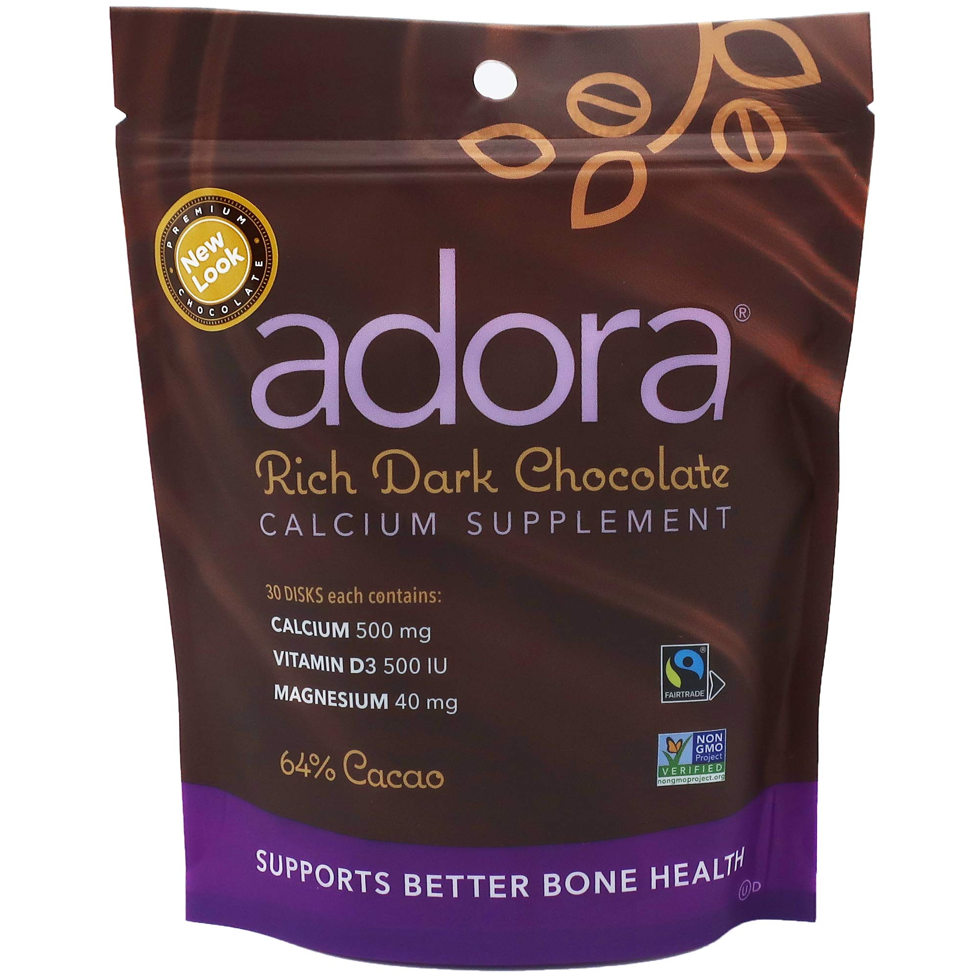 Adora empaque frontal 30 unidades, presenta información nutricional y sello Fairtrade