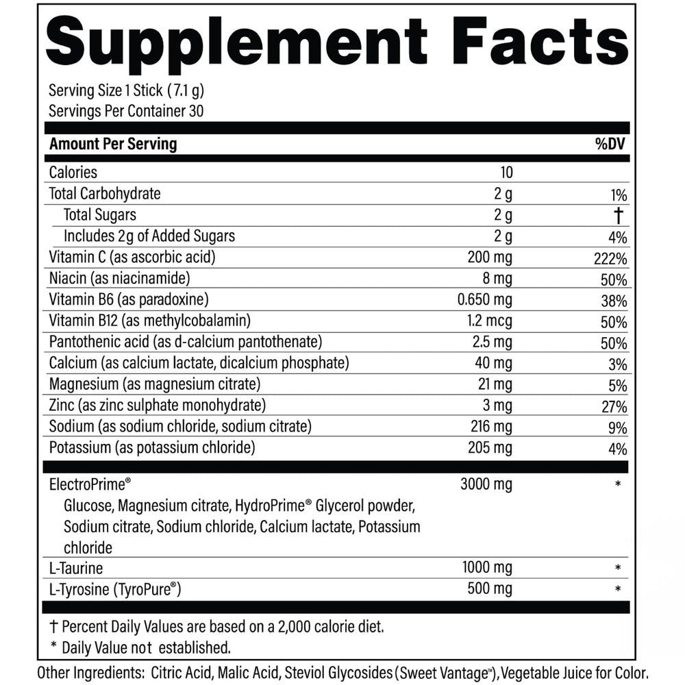 Advanced Bionutritionals primer plano de lista de ingredientes y mezcla ElectroPrime