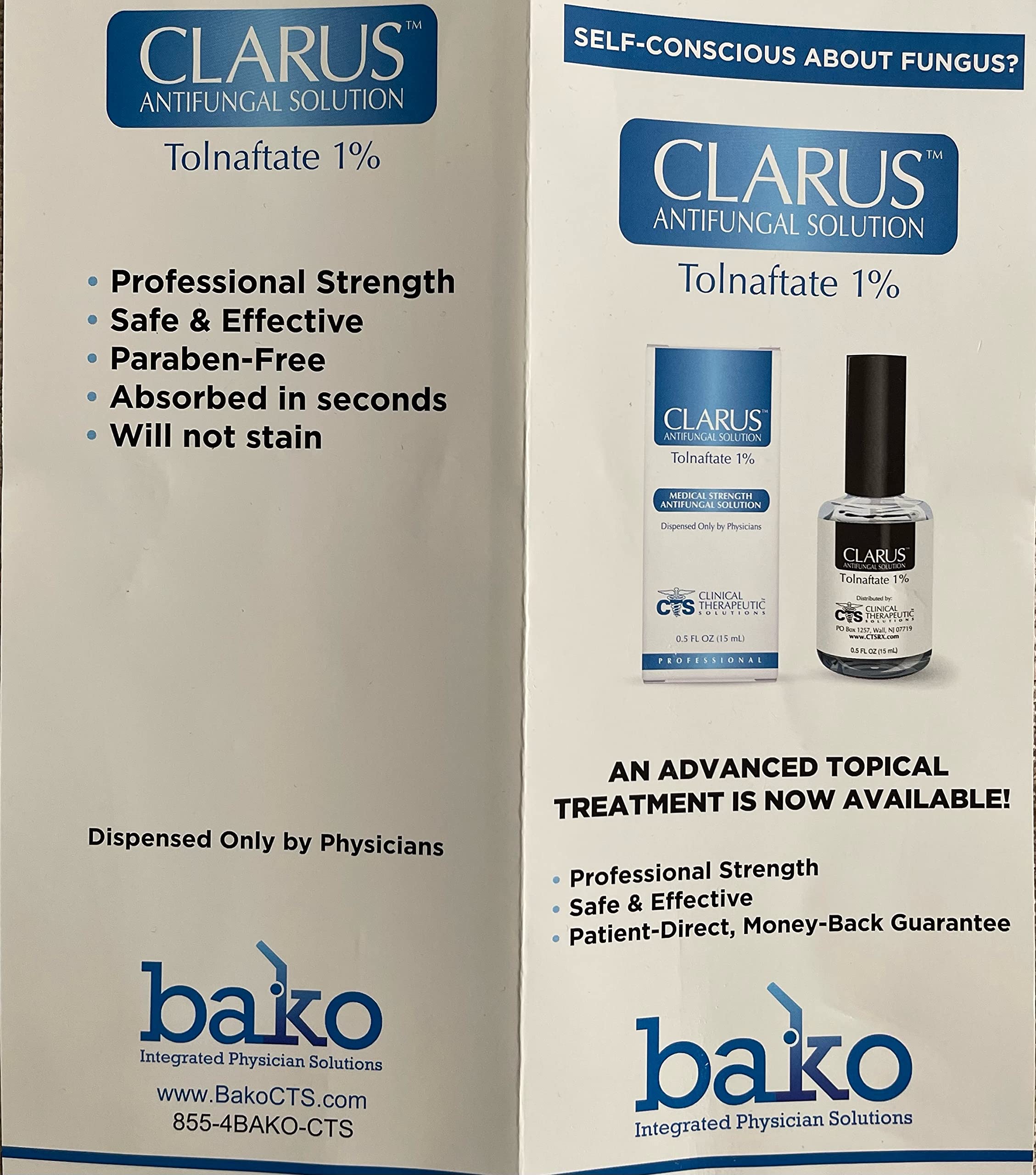 Advanced Footcare Clarus envase frontal, vista del etiquetado y dosificador para aplicación precisa